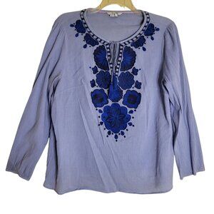 Boden Allegra Embroidered Peasant Top Size US 16/UK 20 Periwinkle Cotton Gauze